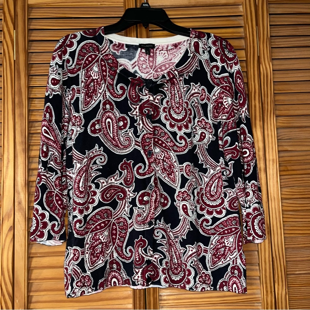 Talbots Dark Blue & Dark Red Paisley Print 3/4 sleeve‎ Button Front Cardigan XL